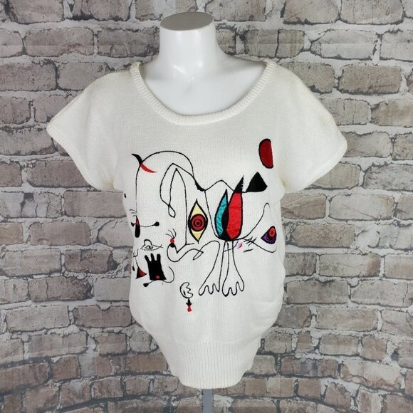 Vintage  80s Embroidered Abstract Line Art Scoop Neck Sweater Measures Medium - Picture 1 of 15